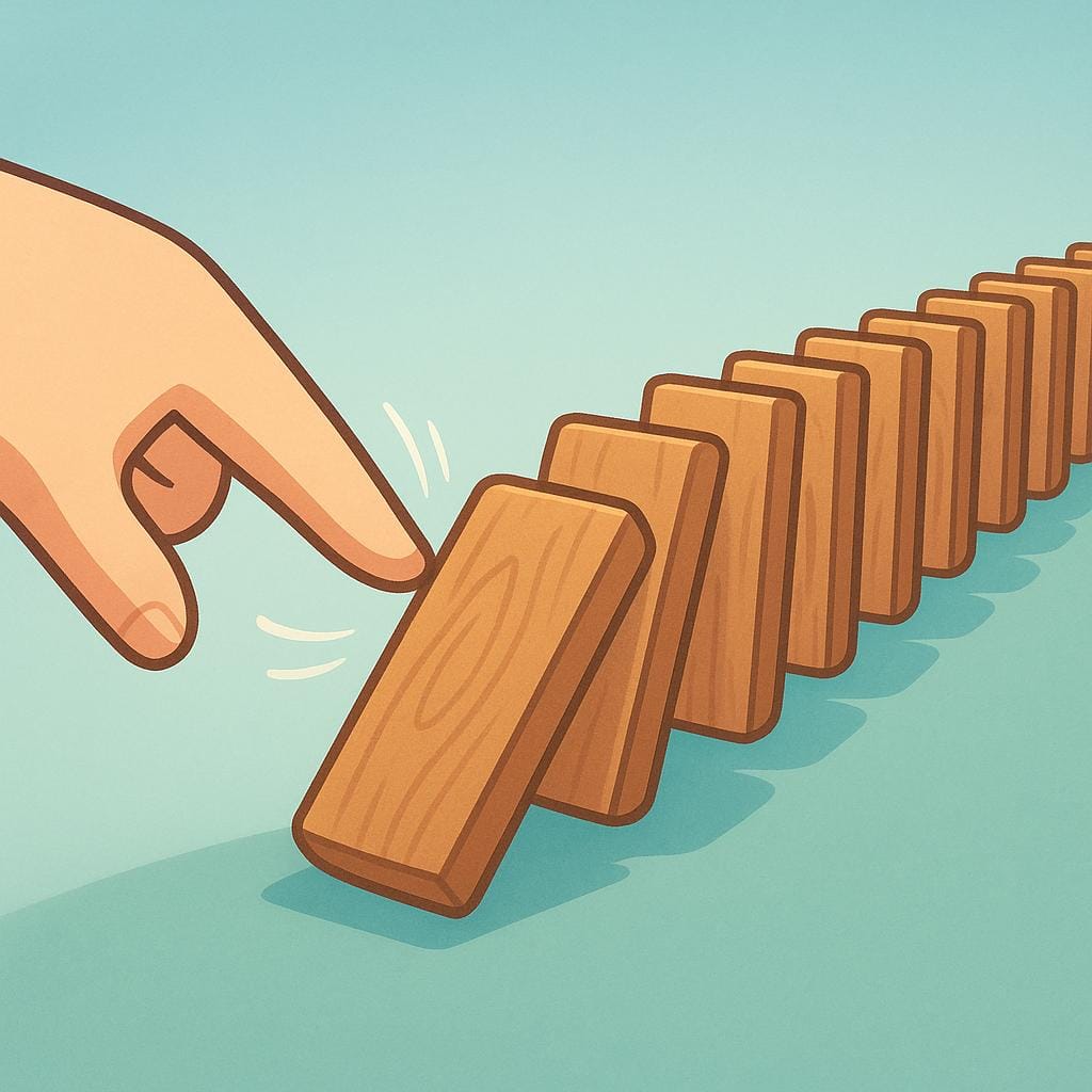 A stylized hand pushing the first block in a long line of standing wooden blocks, representing an agent causing a chain reaction or effect.