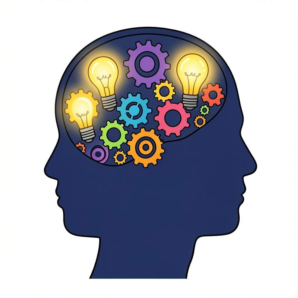 A colorful storybook illustration of a person's head with various colorful gears and lightbulbs inside, representing their mindset.