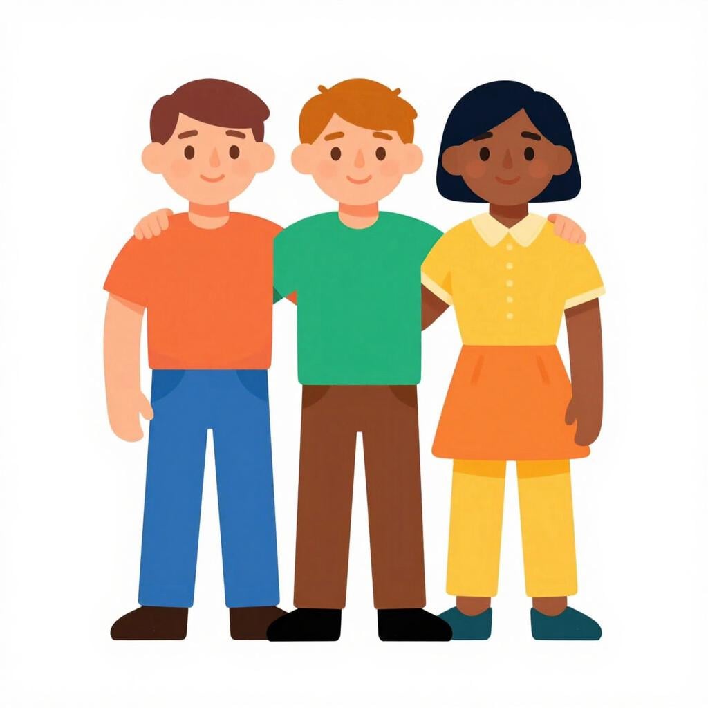 Een simpele illustratie met drie diverse, gestileerde figuren die dicht bij elkaar staan, wat eenheid en lidmaatschap symboliseert.