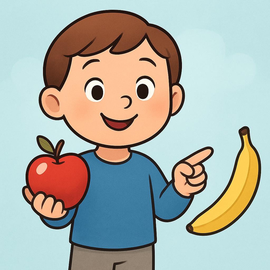A cartoon child stands smiling, holding a bright red apple in one hand while looking past a bright yellow banana, clearly indicating the chosen item.