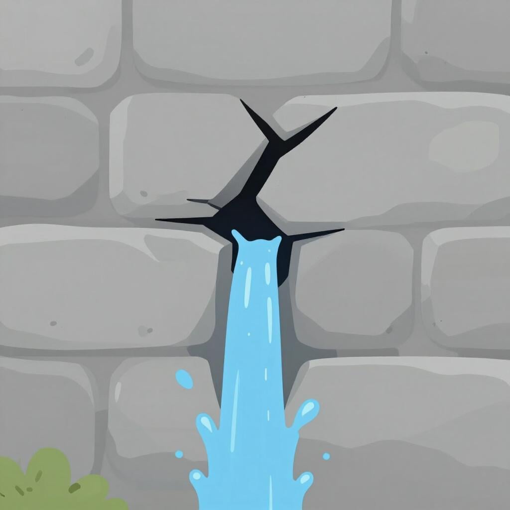 A small crack in a stone dam getting larger with water gushing through it.