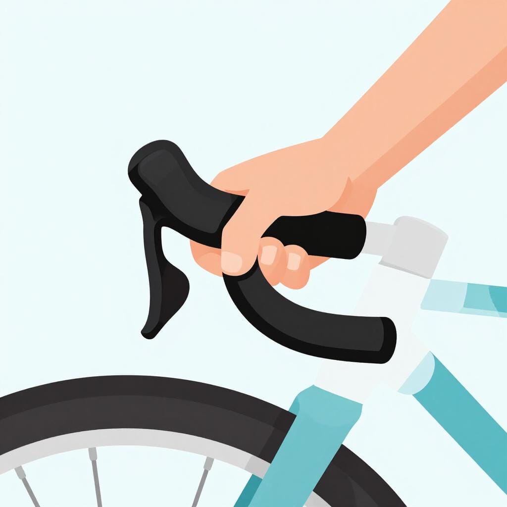 A hand pulling a bicycle brake lever on a handlebar.