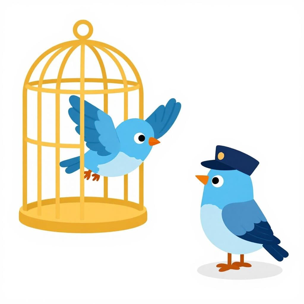 Um pássaro pequeno voando para fora de uma gaiola enquanto um pássaro maior tenta impedi-lo.