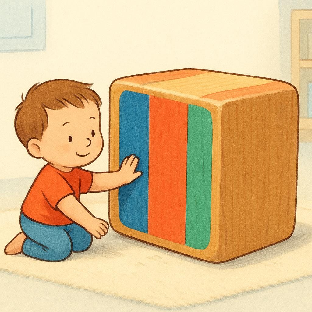A small child gently pushing a large wooden block forward only a few millimeters, illustrating a minimal action.