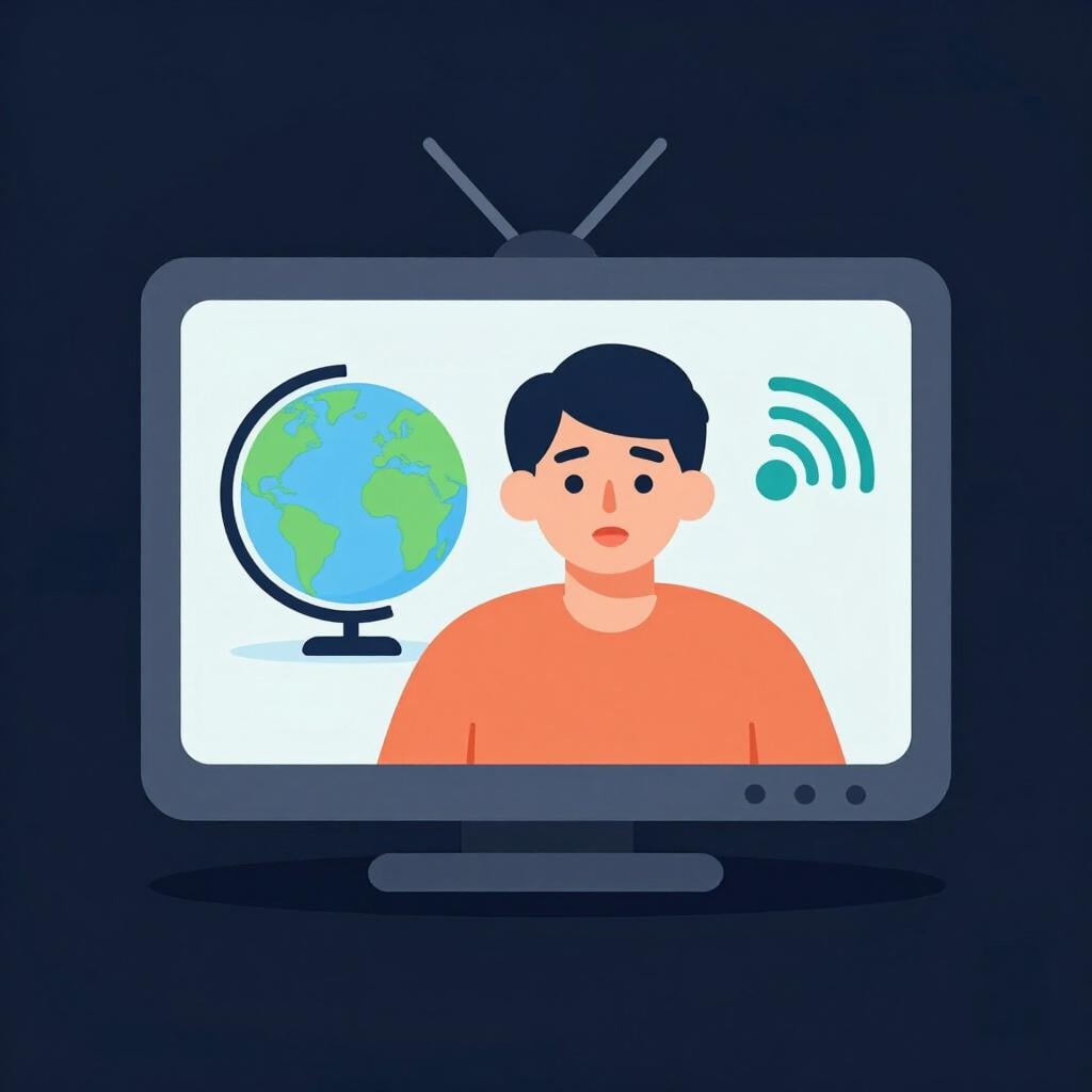 A character on a television screen with a speech bubble showing a different language flag icon.