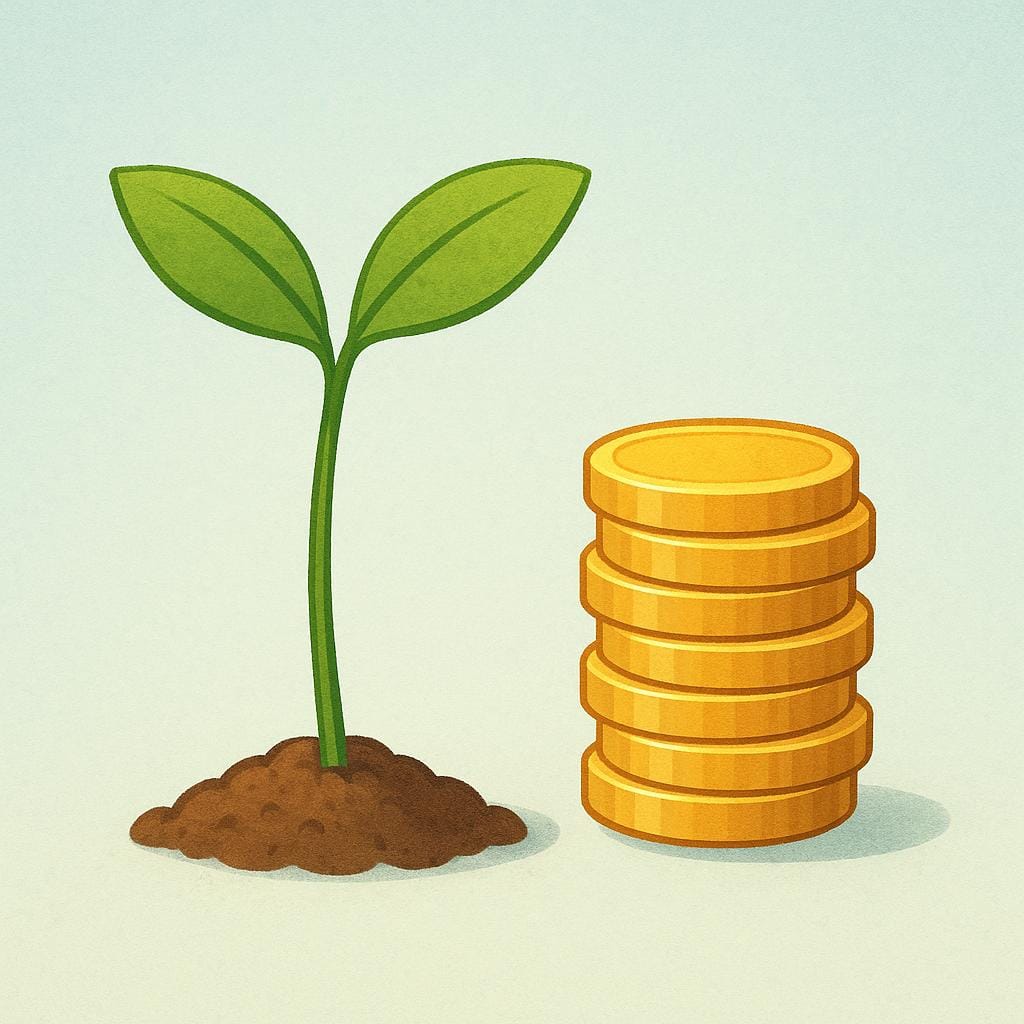 A colorful illustration showing a growing green sprout next to a small, neat stack of gold coins, symbolizing a full fiscal year or financial period.
