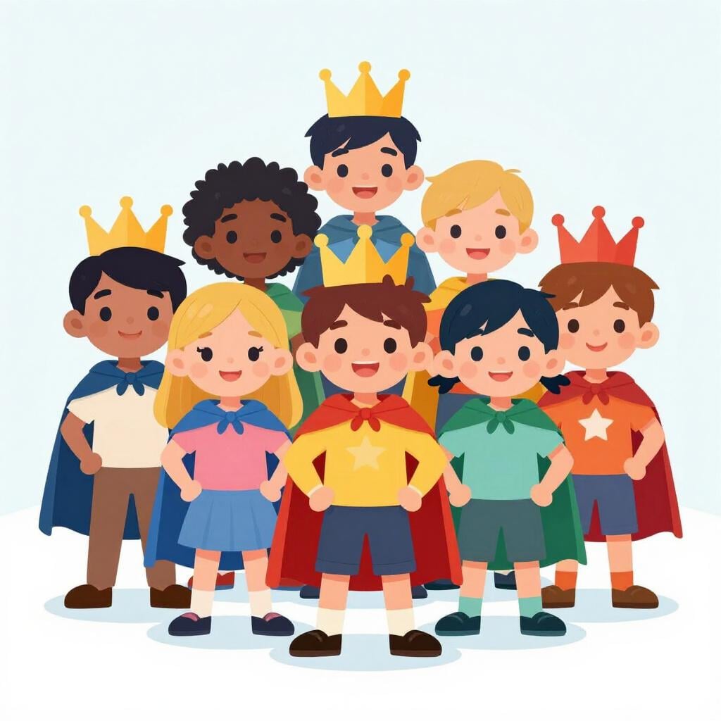 A group of happy friends imagining themselves as brave explorers wearing cardboard crowns and capes.