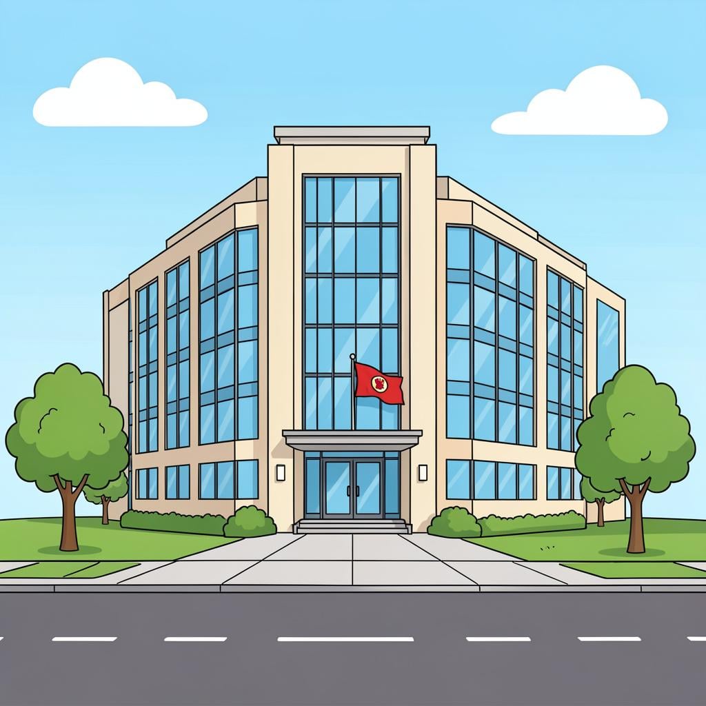 A large, modern building with many glass windows and a prominent entrance, standing as a central hub in a clean city environment.