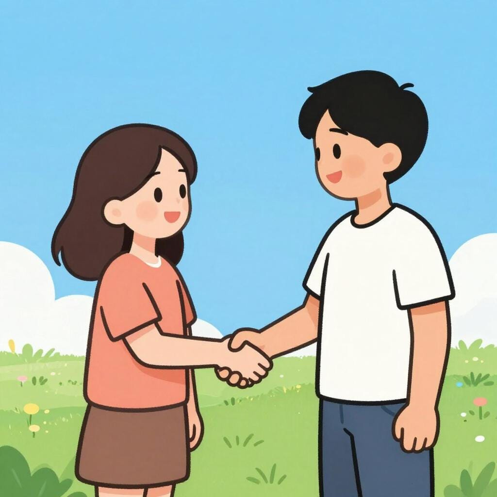 Zwei lächelnde Menschen, die sich vor einem einfachen Haus die Hand geben.