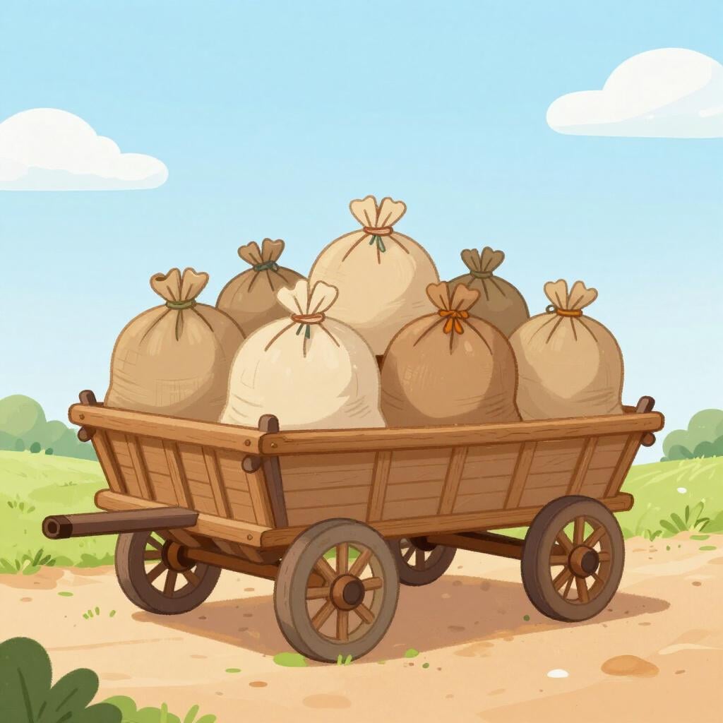 穀物の重い袋で山積みにされた頑丈な木製の荷車。