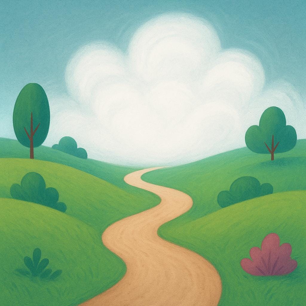 A winding dirt path leads into a dense, swirling white fog, completely obscuring what lies ahead, symbolizing the unknown.