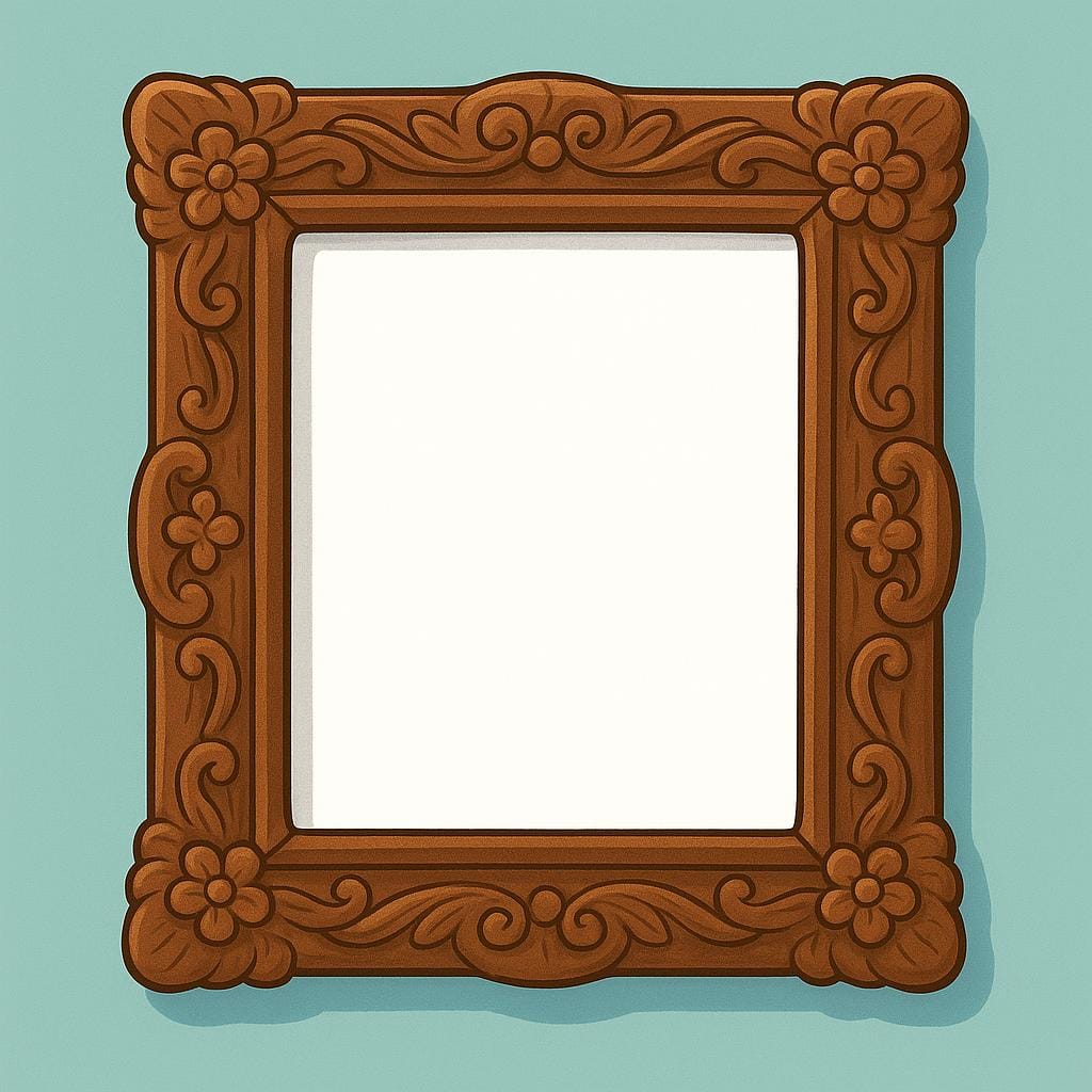 A thick, ornate wooden picture frame resting against a solid colored background.