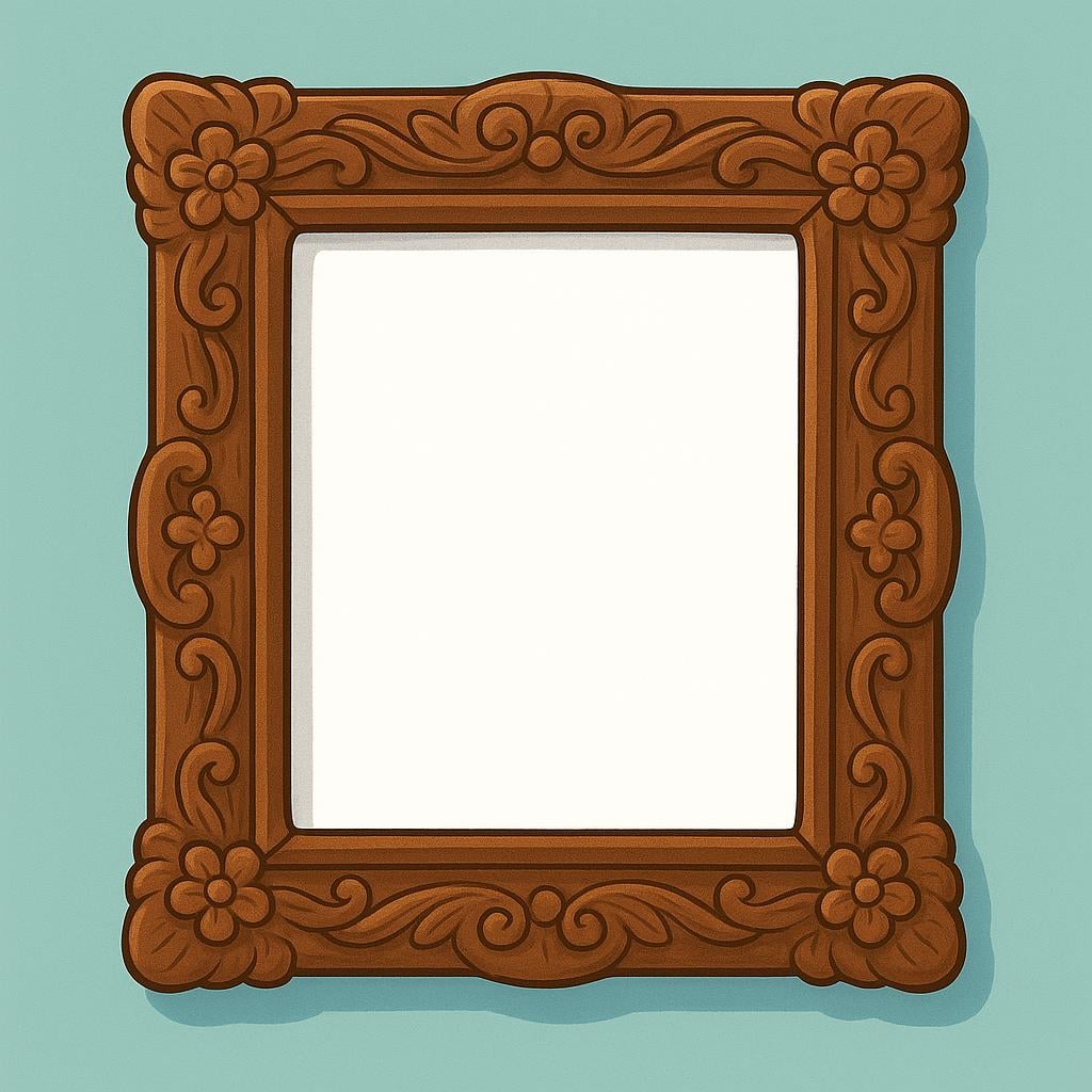 A thick, ornate wooden picture frame resting against a solid colored background.