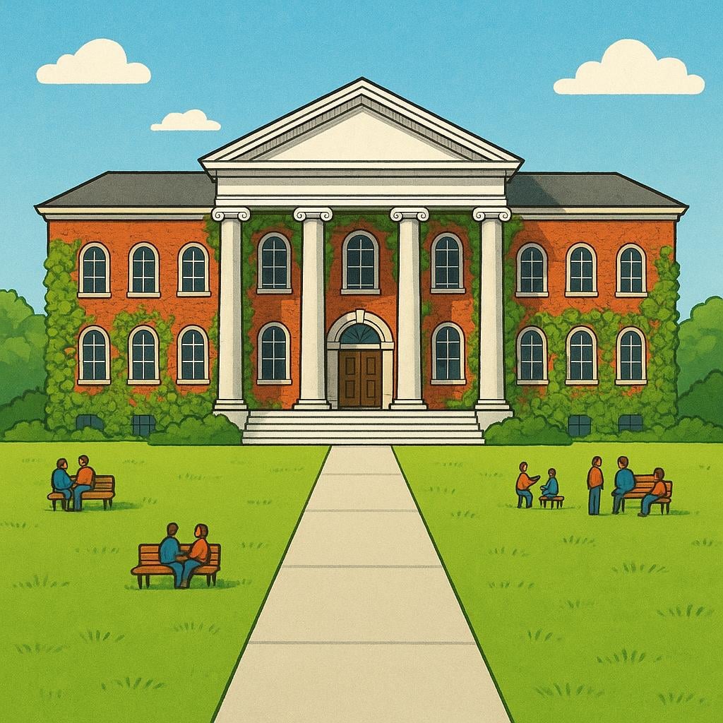 A colorful storybook illustration showing a large, classic academic building with columns and ivy, situated behind a wide, sunny green lawn known as a quad.