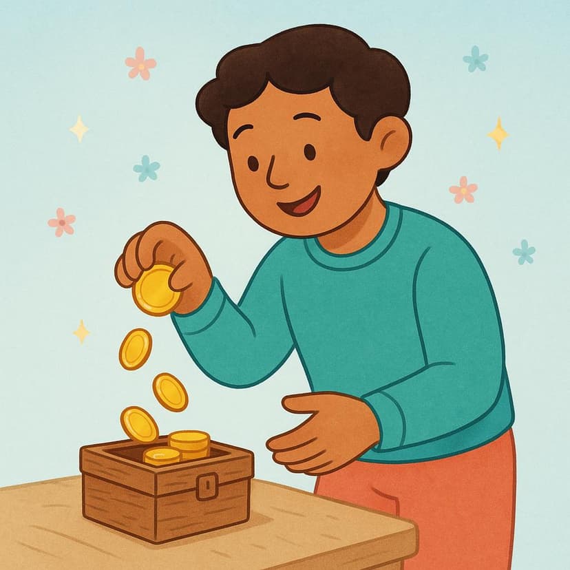 A smiling character putting golden coins into a small, open wooden treasure chest.