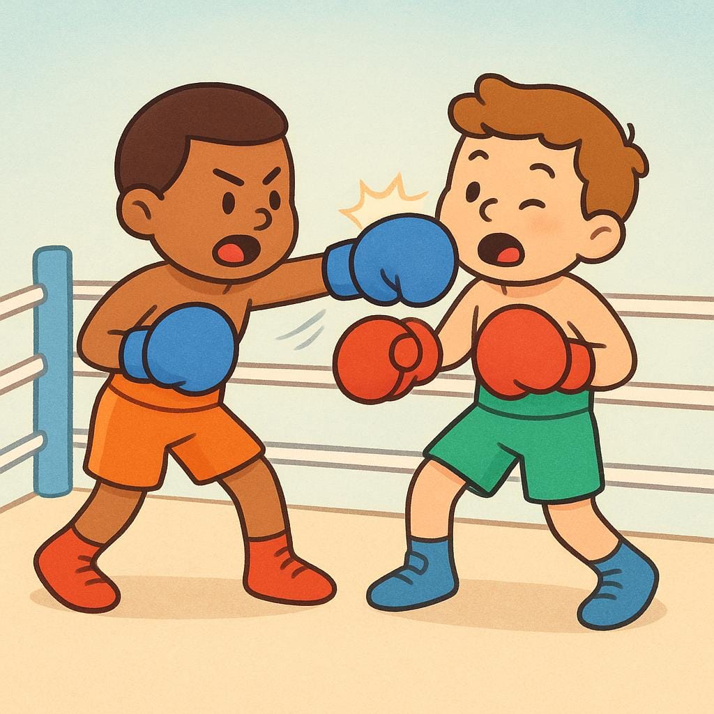 Two cartoon boxers wearing red and blue gloves actively fighting in a simple boxing ring, representing a round of fighting.