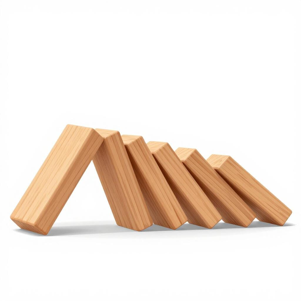 Una fila di blocchi di legno colorati che cadono uno dopo l'altro in una reazione a catena.