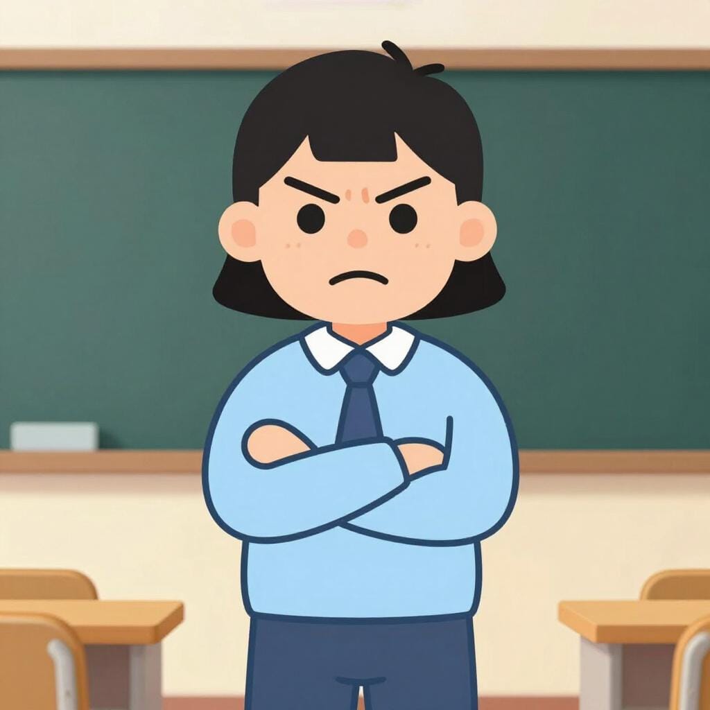 A stern teacher standing with arms crossed in front of a chalkboard.