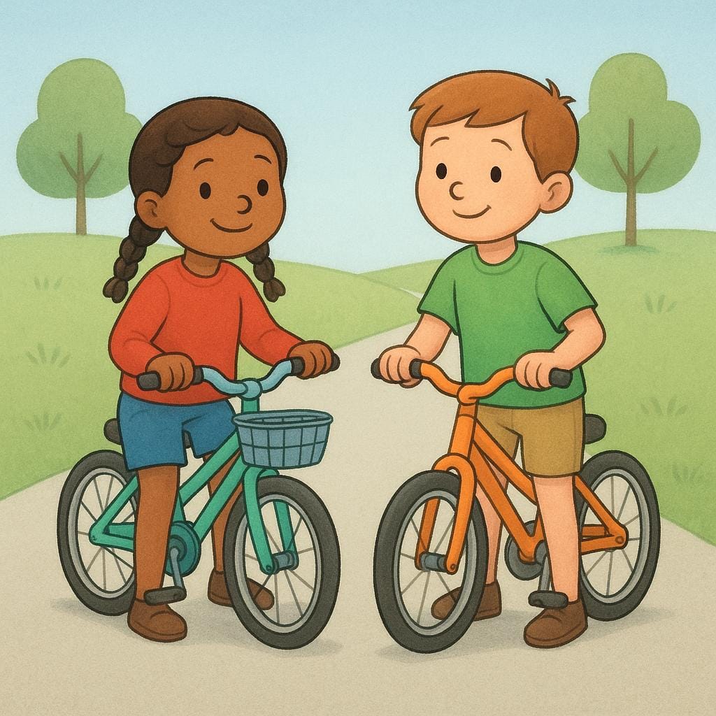 Deux petits enfants à vélo se sont complètement arrêtés sur un chemin ensoleillé, leurs pieds reposant sur le sol et leurs roues complètement immobiles.