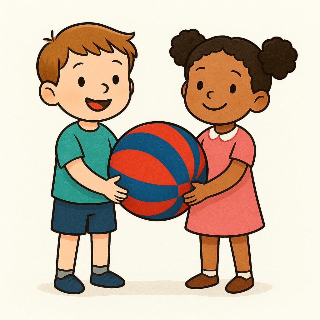 Twee lachende kinderen staan samen, elk met een grote, felgekleurde speelgoedbal, wat gedeeld eigendom symboliseert.