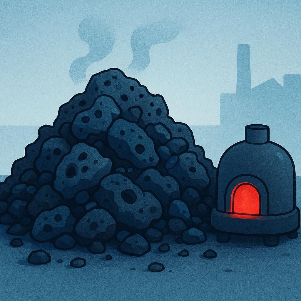 A large pile of dark, porous, rock-like slag material cooling on the ground next to a glowing smelting furnace.