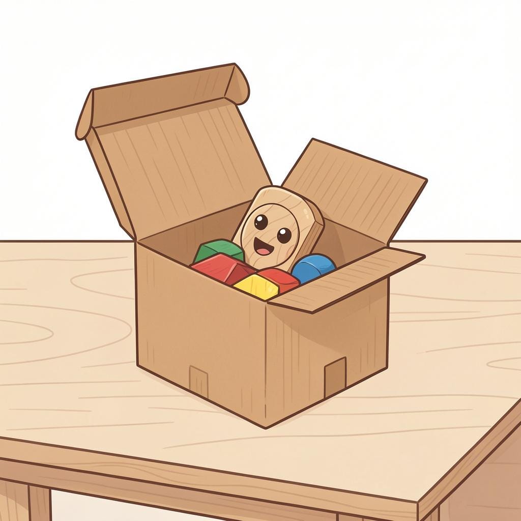 Ein Arbeiter legt ein Spielzeugauto in einen Pappkarton und verschließt ihn mit Klebeband.