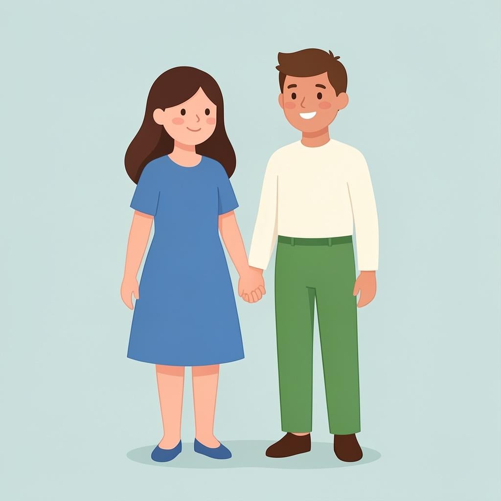 Two simple, stylized human figures standing side-by-side, one wearing a dress and one wearing trousers, representing social identity.