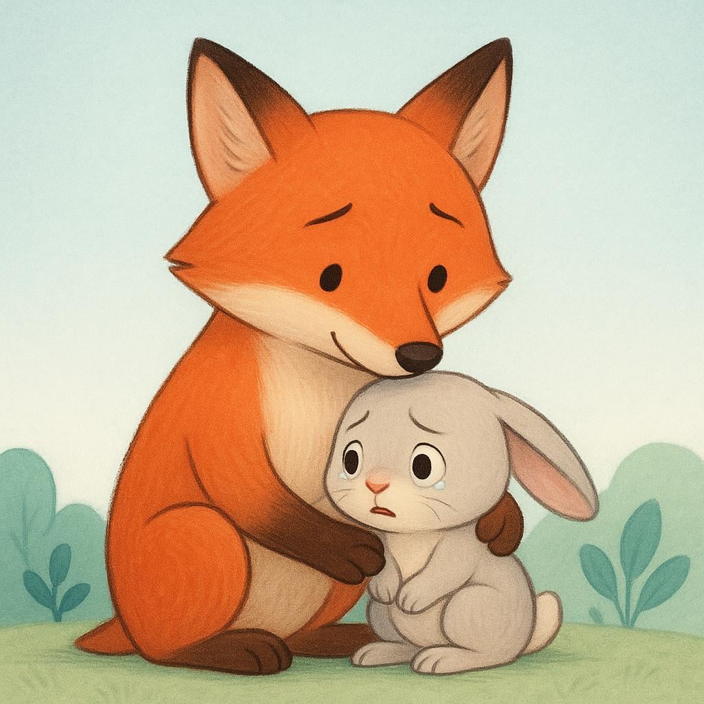 A gentle storybook fox comforting a small, worried rabbit to help it calm down, illustrating reassurance.