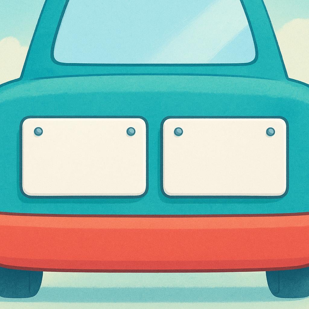 Two rectangular, blank license plates are attached to the bumper of a simple, brightly colored car, illustrating vehicle identification.