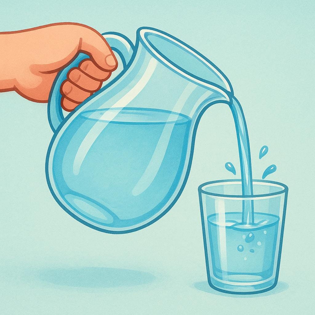 A hand holding a clear glass pitcher is pouring clear liquid into a matching clear drinking glass.