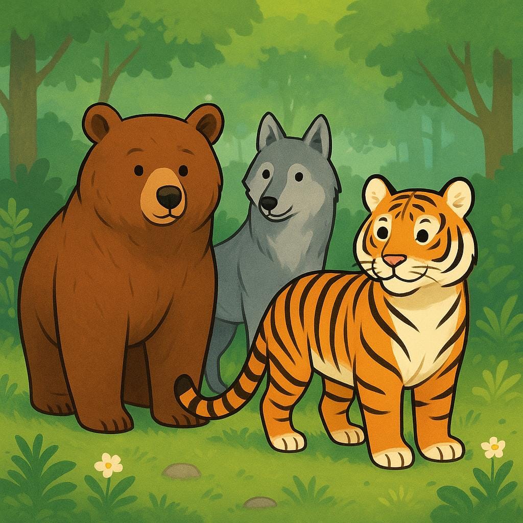 A simple illustration showing a group of undomesticated animals, specifically a brown bear, a gray wolf, and a striped tiger, standing together in a lush forest clearing.