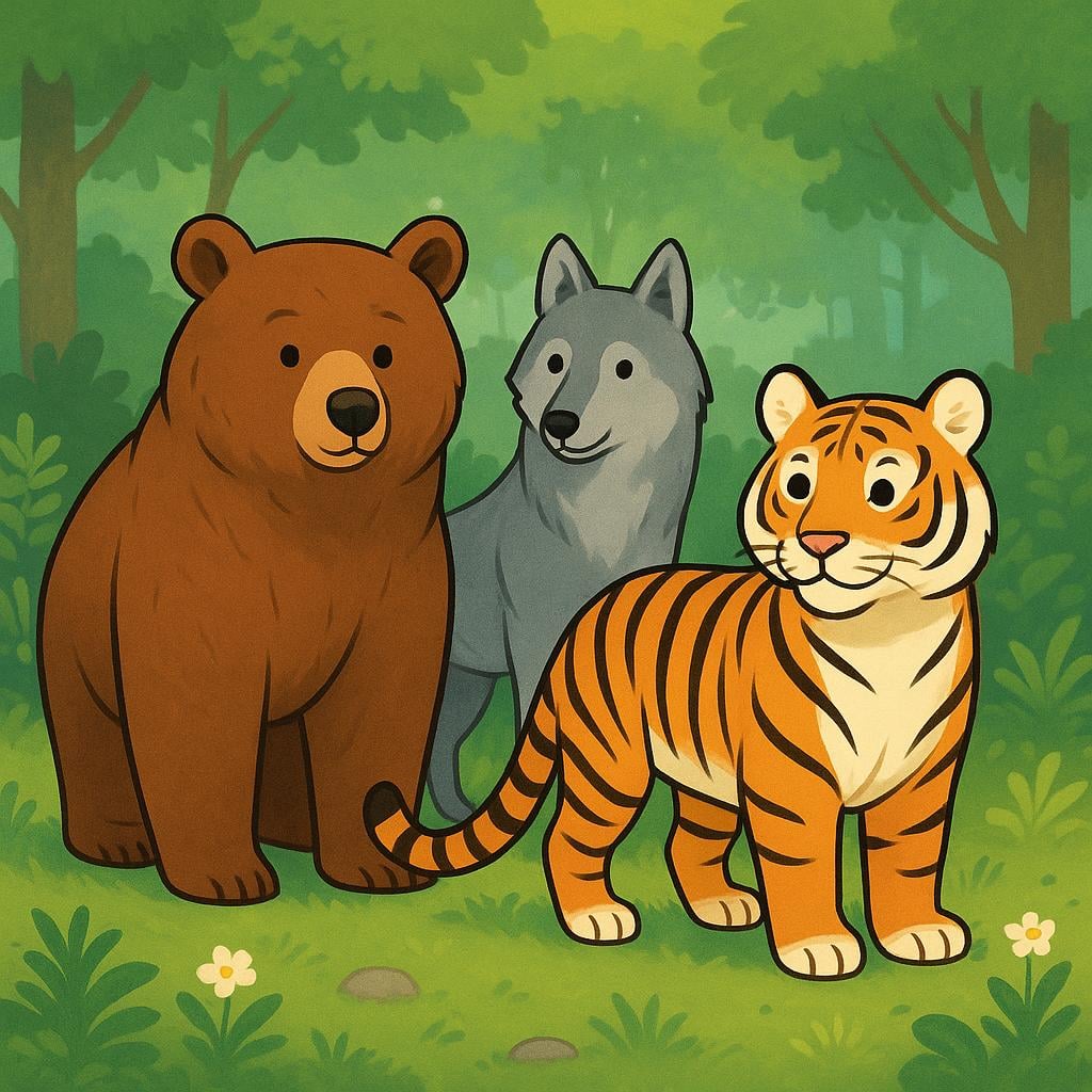 A simple illustration showing a group of undomesticated animals, specifically a brown bear, a gray wolf, and a striped tiger, standing together in a lush forest clearing.