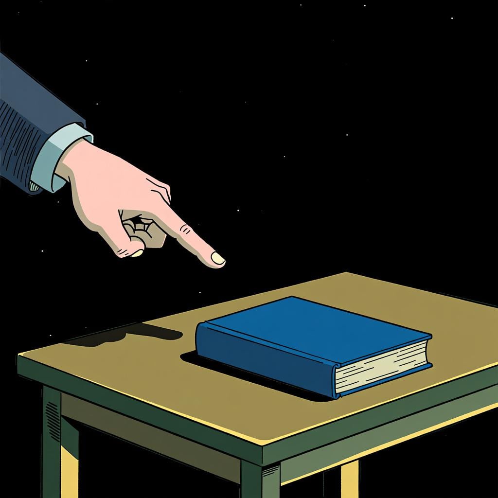 A person's hand pointing to a blue book that is very close to them, representing the word 'this'.