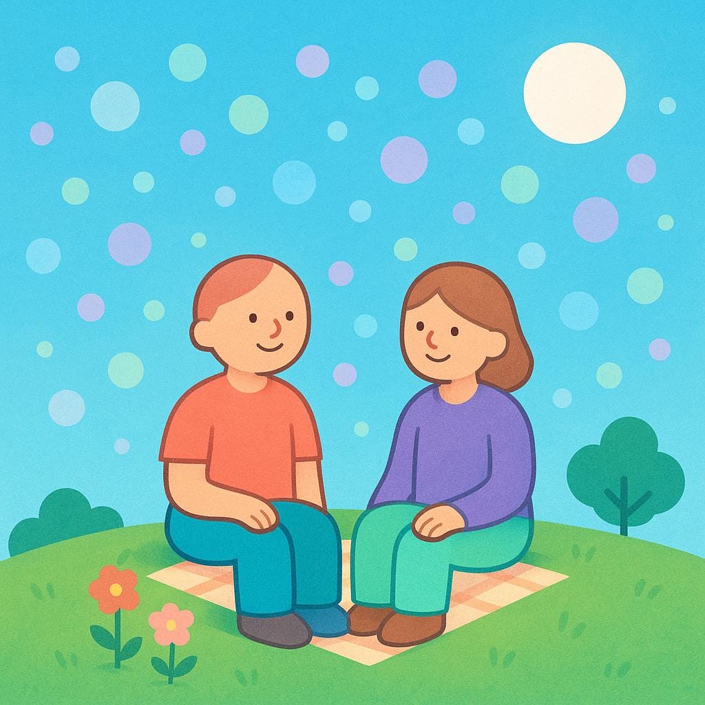 A stylized drawing of two happy people sitting together, surrounded by bright, warm light and simple shapes suggesting a positive atmosphere.