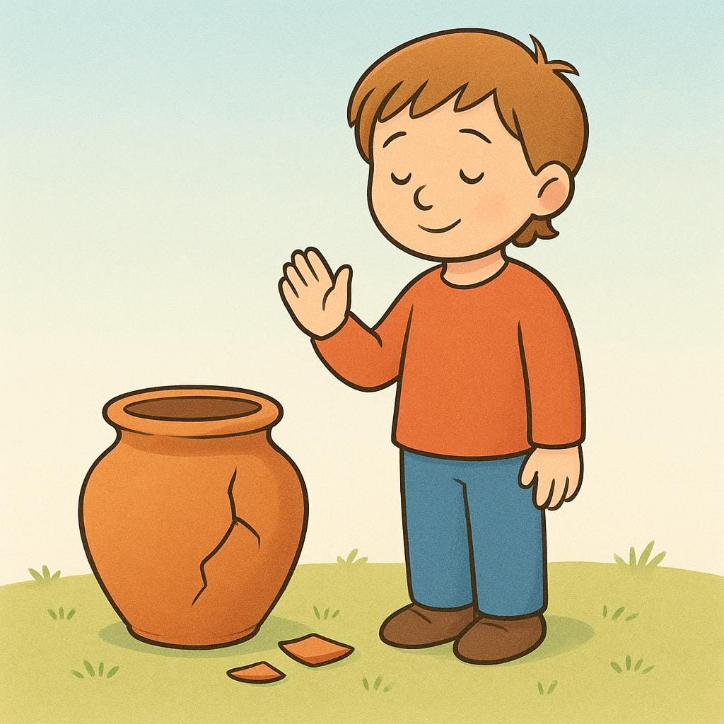 A colorful storybook illustration of a figure standing next to a broken ceramic pot on the floor, nodding their head slowly to show acknowledgment of the damage.