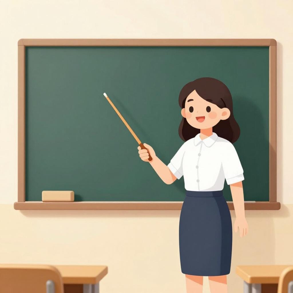 Un insegnante amichevole in piedi in un'aula accanto a una grande lavagna.