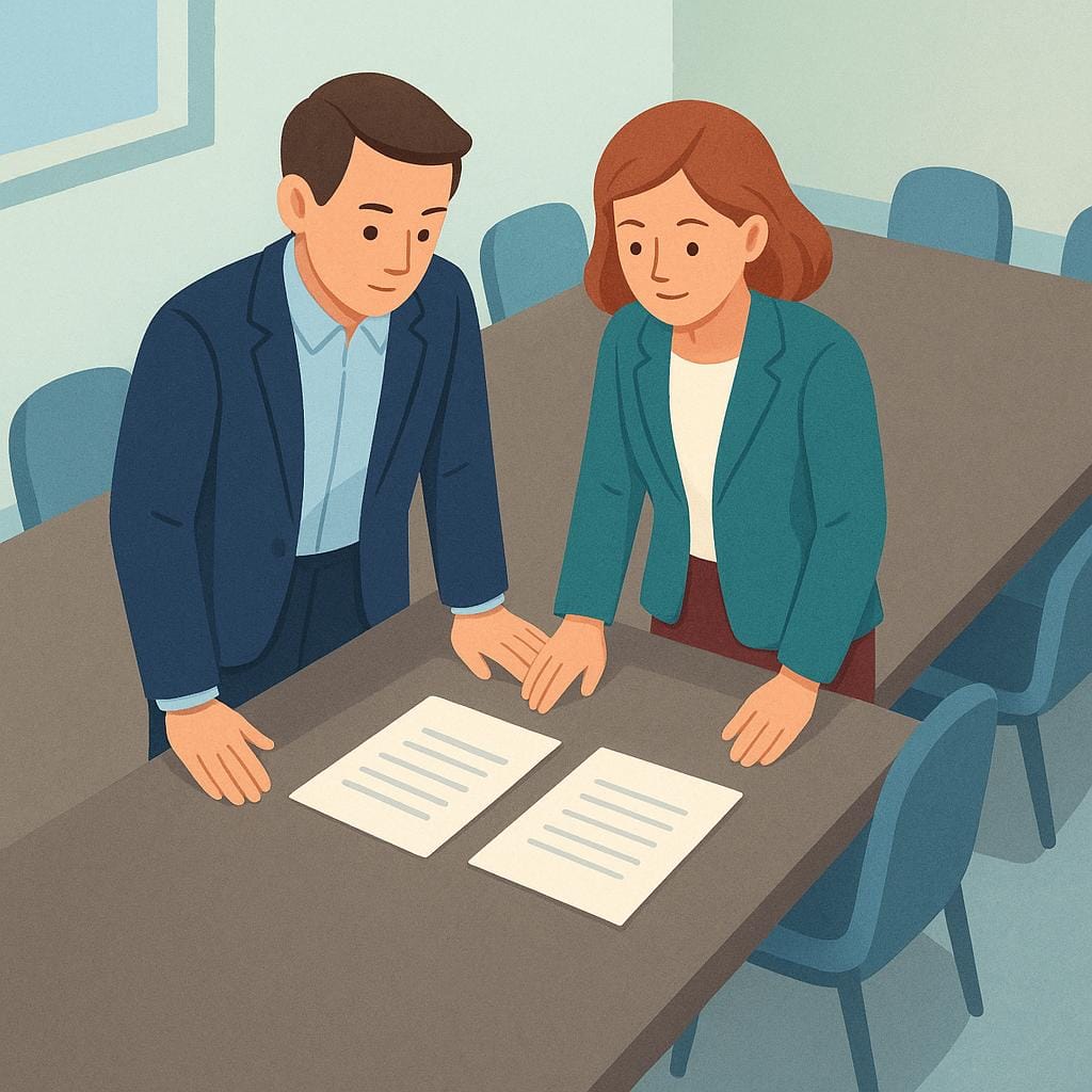 An illustration showing two professional managers, a man and a woman, wearing business attire, standing at the head of a long conference table reviewing documents.