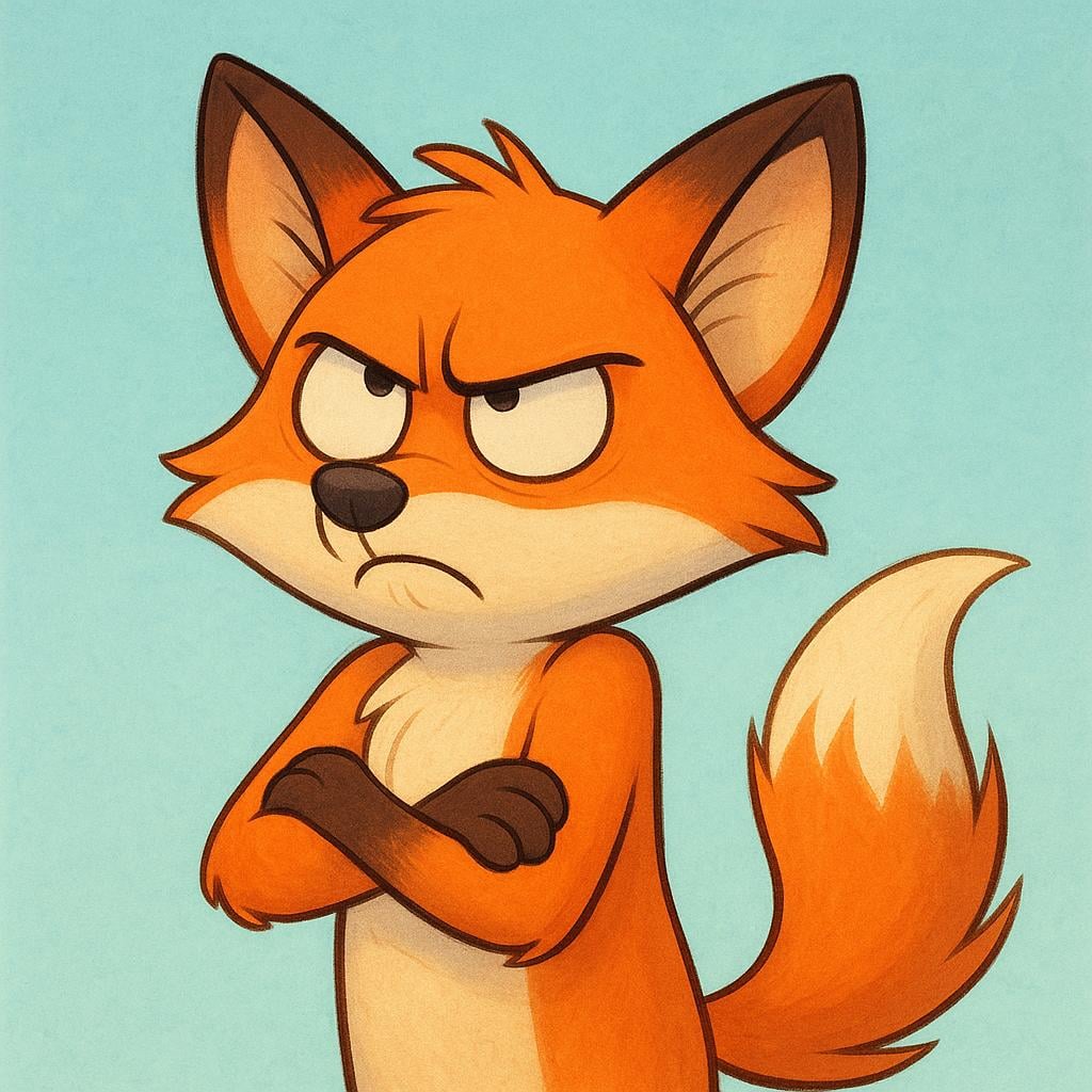 A cartoon fox character standing with its arms tightly crossed, rolling its eyes dramatically, showing extreme annoyance and frustration.