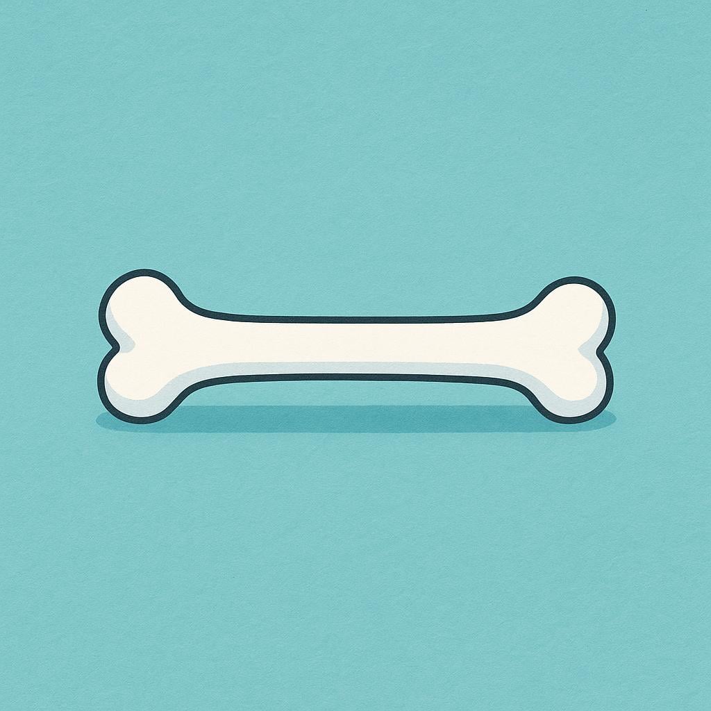 A simple illustration of a white femur bone resting on a solid background.