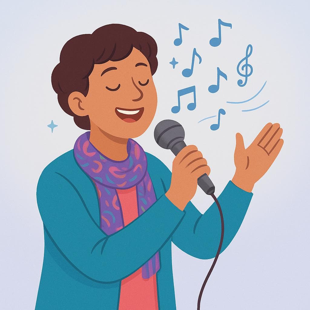 Uma pessoa alegre de desenho animado em pé em um palco simples, segurando um microfone e cantando, com notas musicais flutuando acima de sua cabeça.