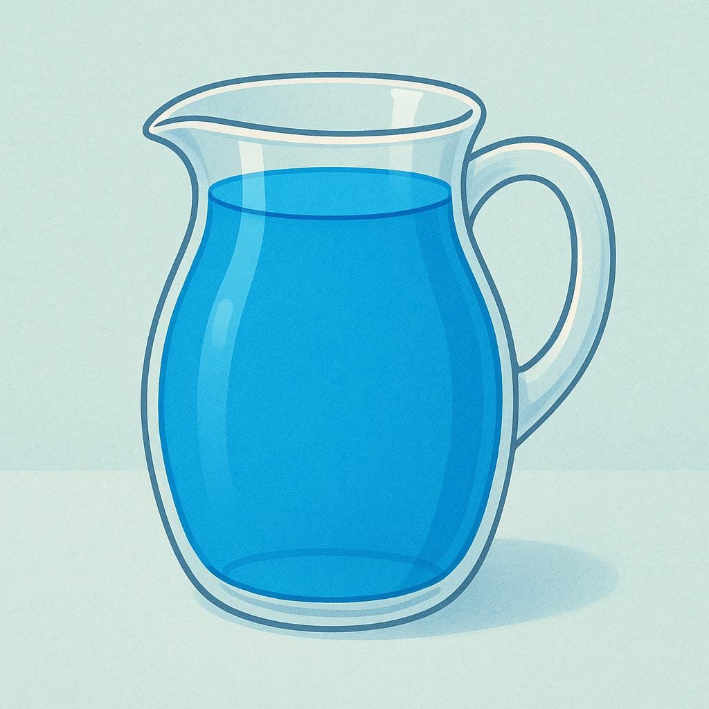 Una brocca di vetro trasparente riempita esattamente fino all'orlo di liquido blu brillante.