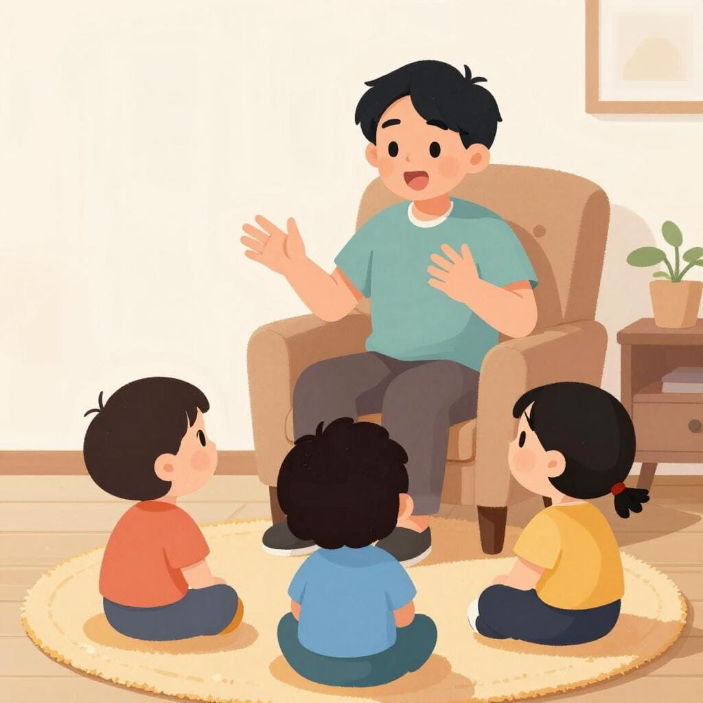 rug 위에 반원 형태로 앉아 있는 아이들 그룹이, 말하면서 손짓하는 어른을 흥미롭게 바라보고 있습니다.