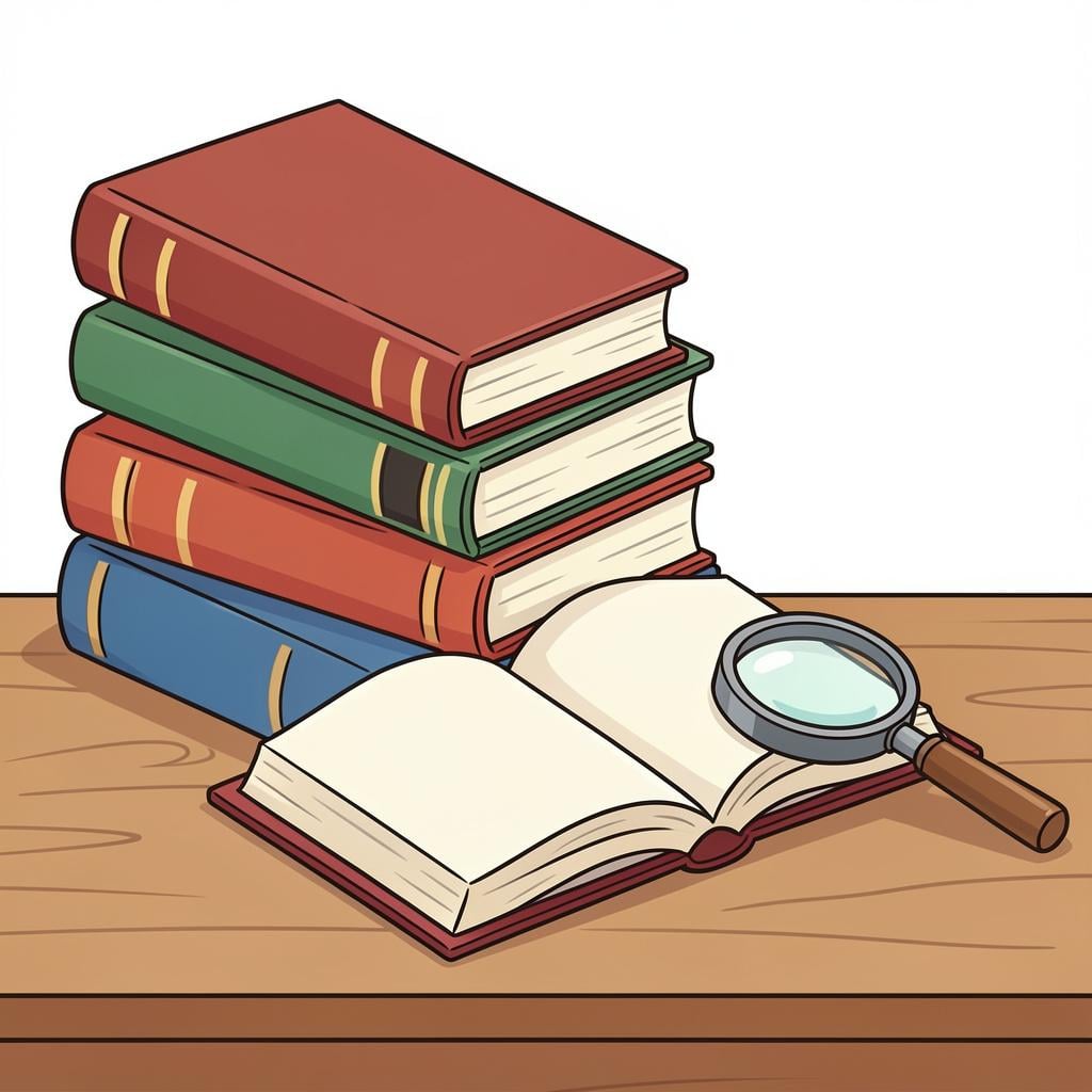 A tall stack of open books on a wooden desk with a magnifying glass nearby.