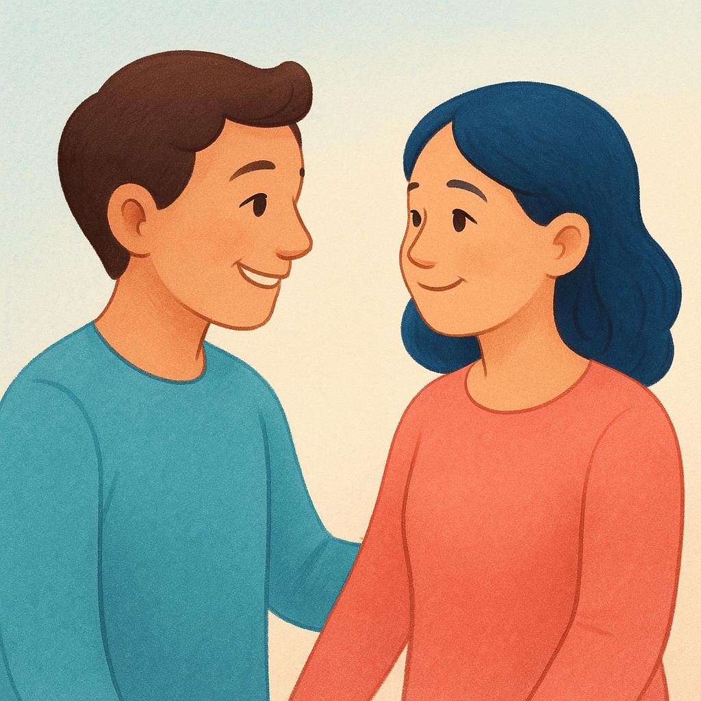 A colorful illustration of one stylized person smiling warmly and looking admiringly at a second stylized person, suggesting attraction or that the second person is pleasing to the first.