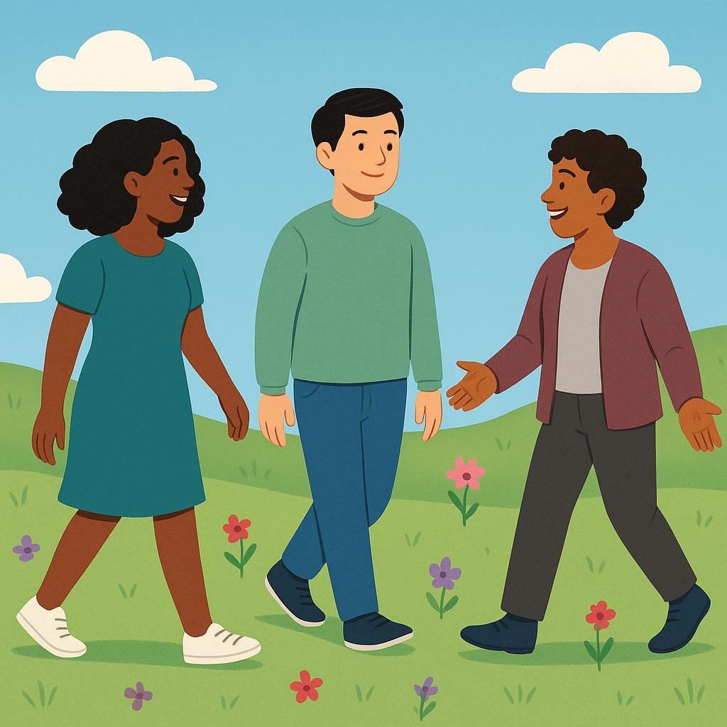 Three diverse cartoon people of different heights and appearances walking toward a central point, symbolizing them joining a group.