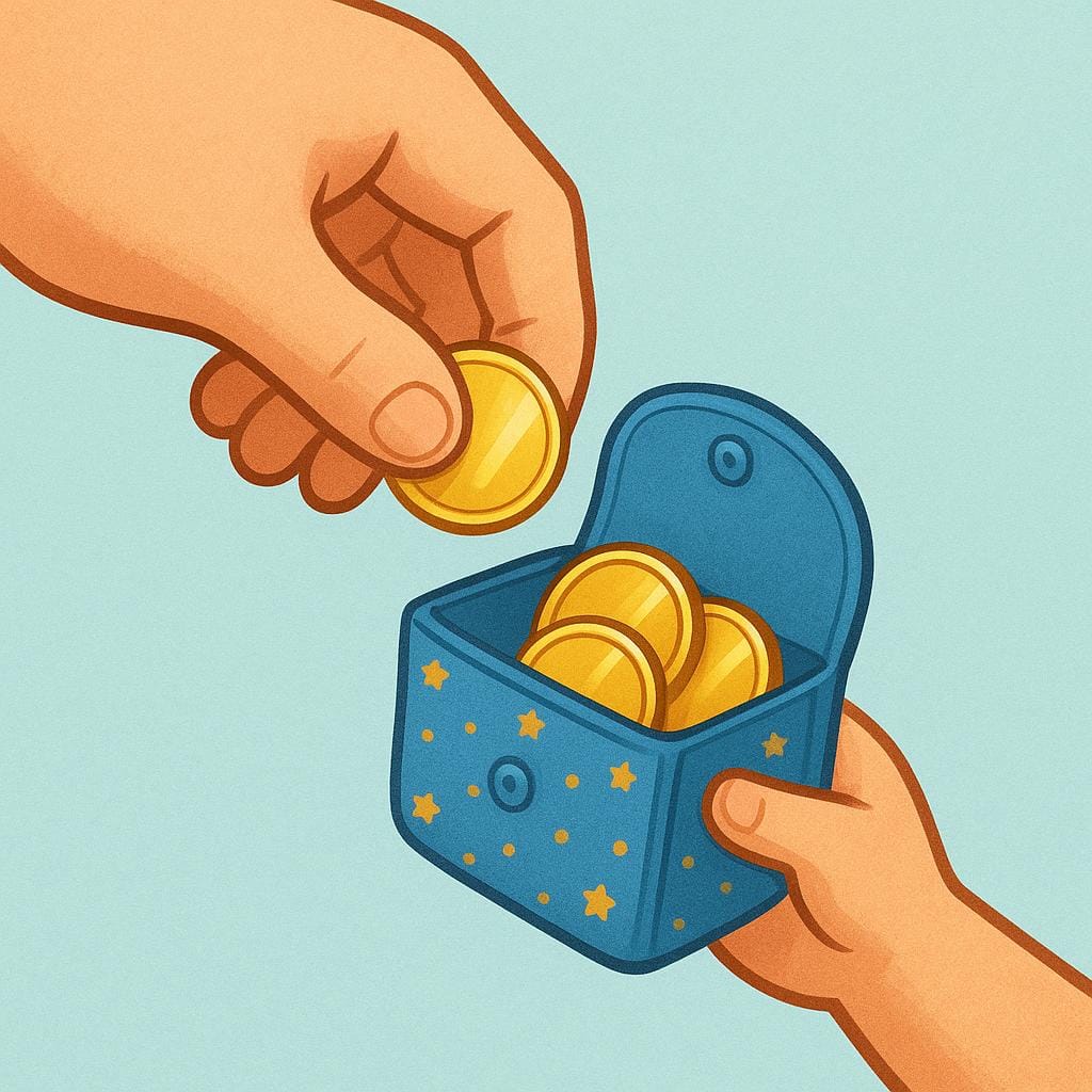 A large adult hand gently placing three shiny gold coins into a small, open wallet belonging to a child.