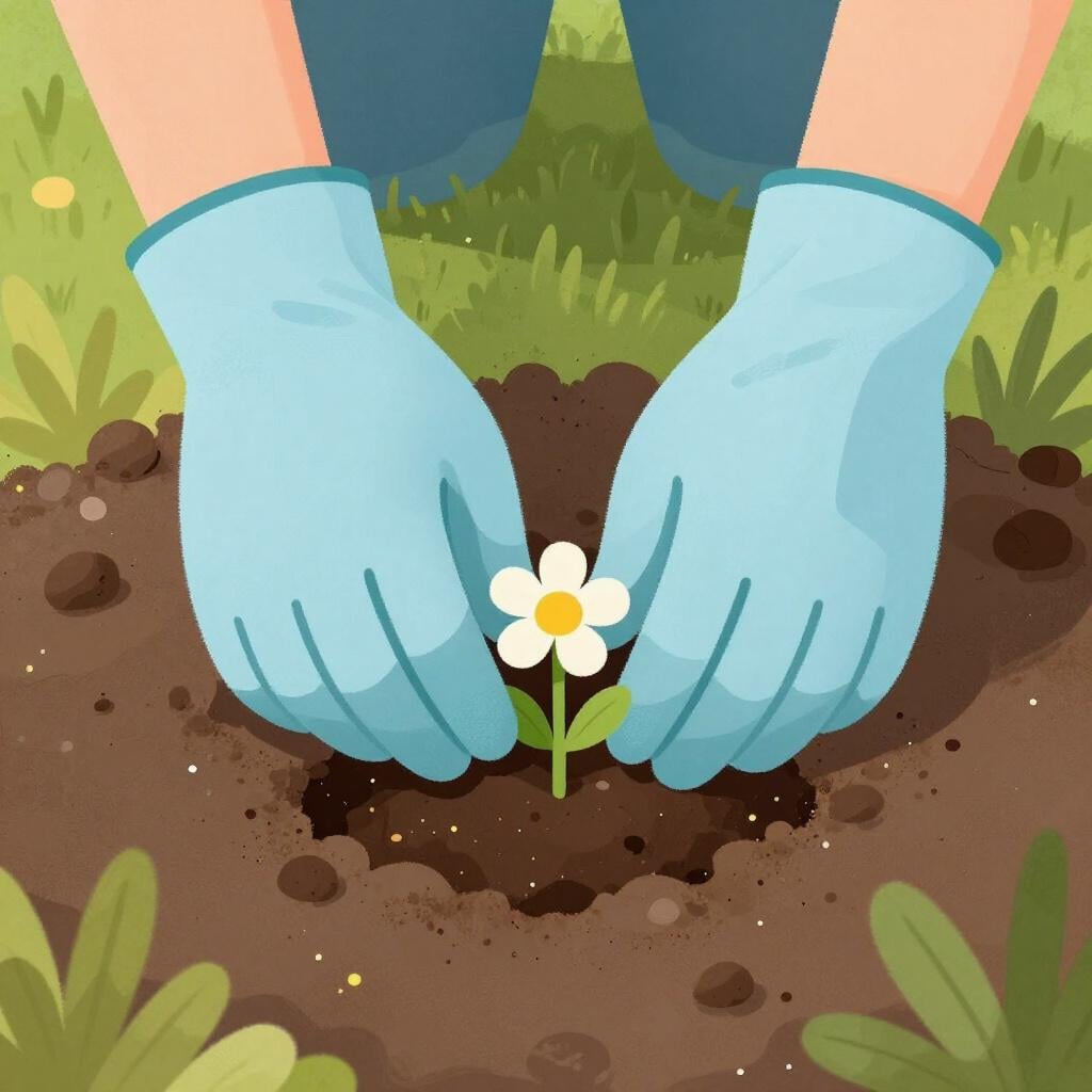 Een persoon die gehurkt in een tuin zit en voorzichtig een kleine bloem plant.