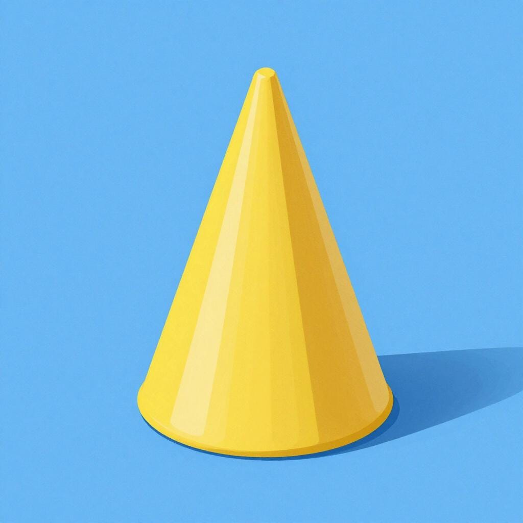 A bright yellow geometric cone standing upright on a flat surface.