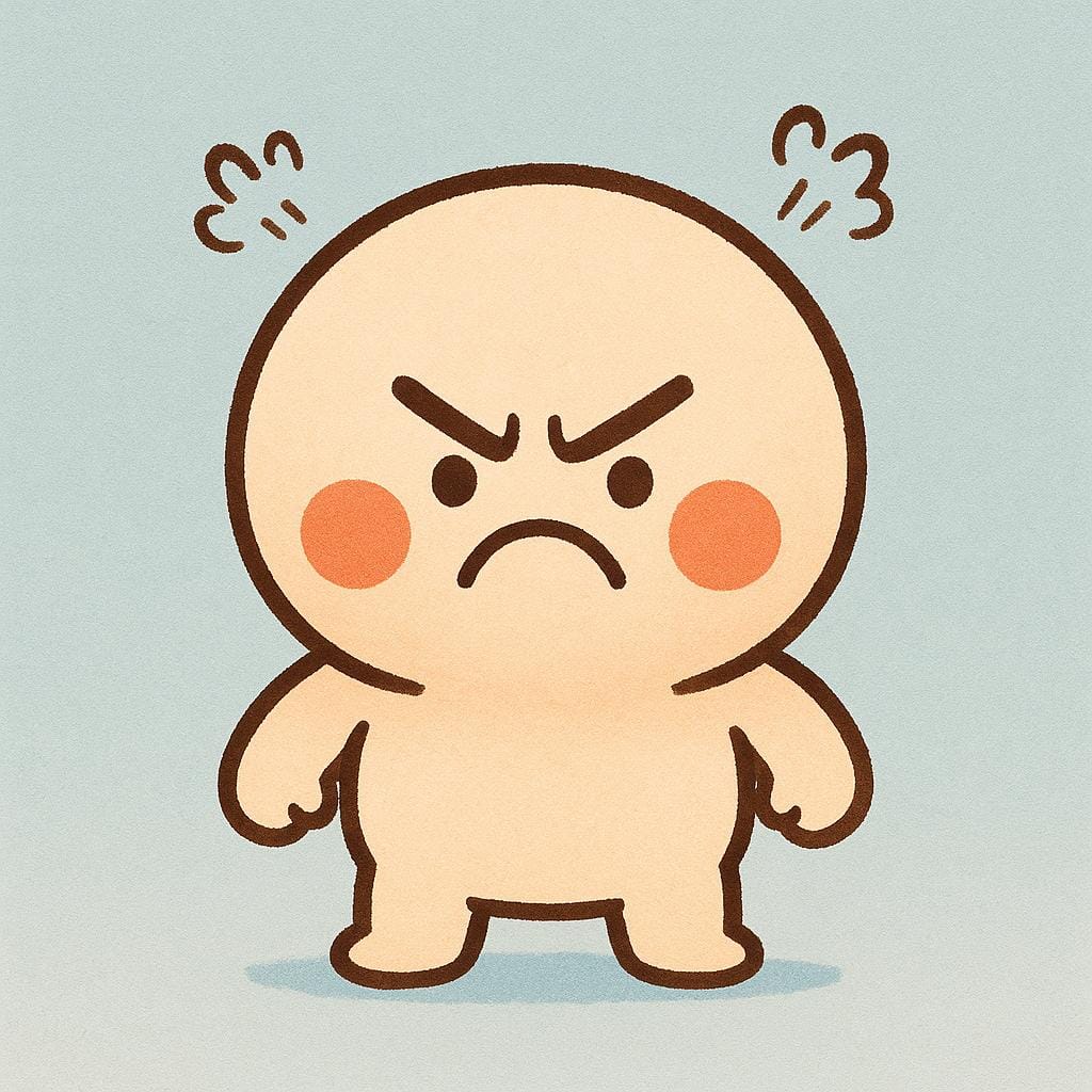 A cartoon character with a bright red face, furrowed brows, and a deeply frowning mouth, clearly showing intense anger.