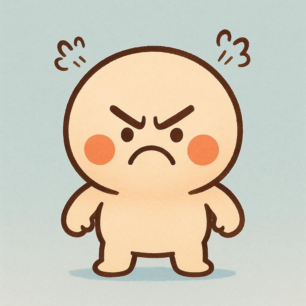 A cartoon character with a bright red face, furrowed brows, and a deeply frowning mouth, clearly showing intense anger.